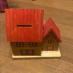 Vintage Japan Wooden House Coin Bank with Red Roof, pivot base to open